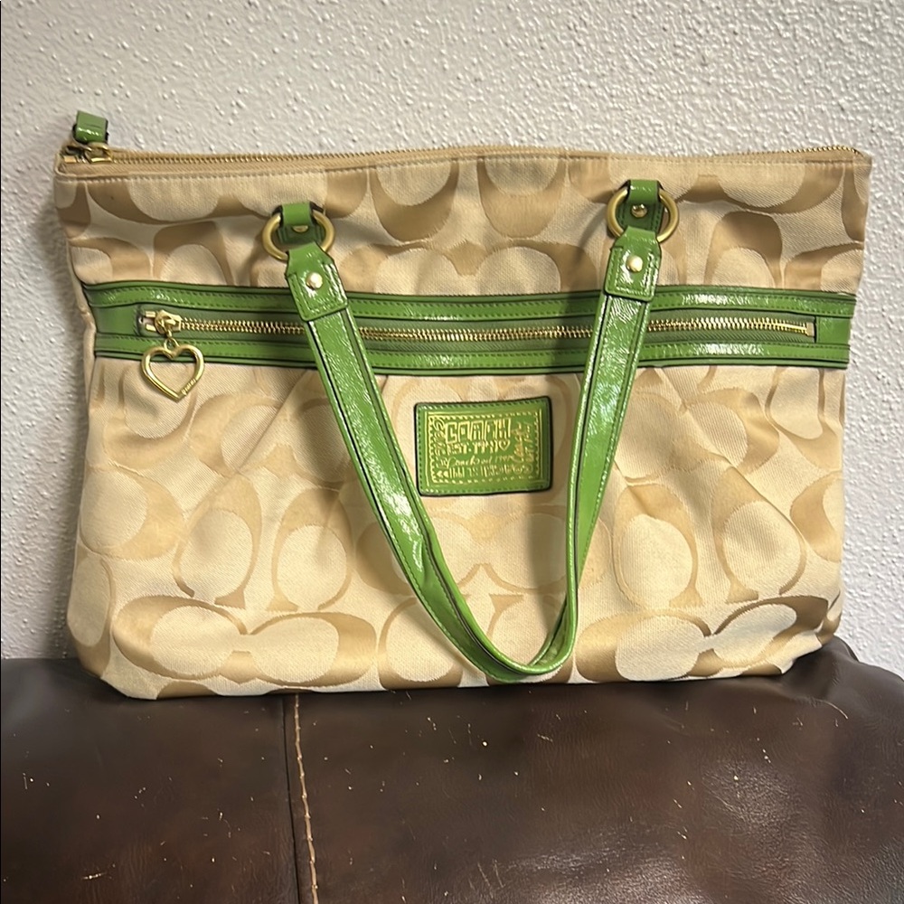 Coach Cream and Green Signature Tote with Gold Hardware